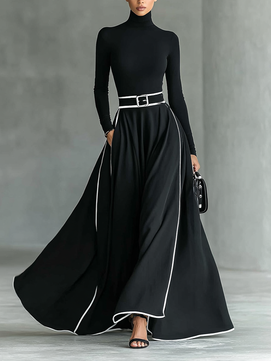 Vestido Gina – Maxi negro con costuras blancas