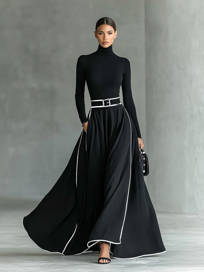 Vestido Gina – Maxi negro con costuras blancas