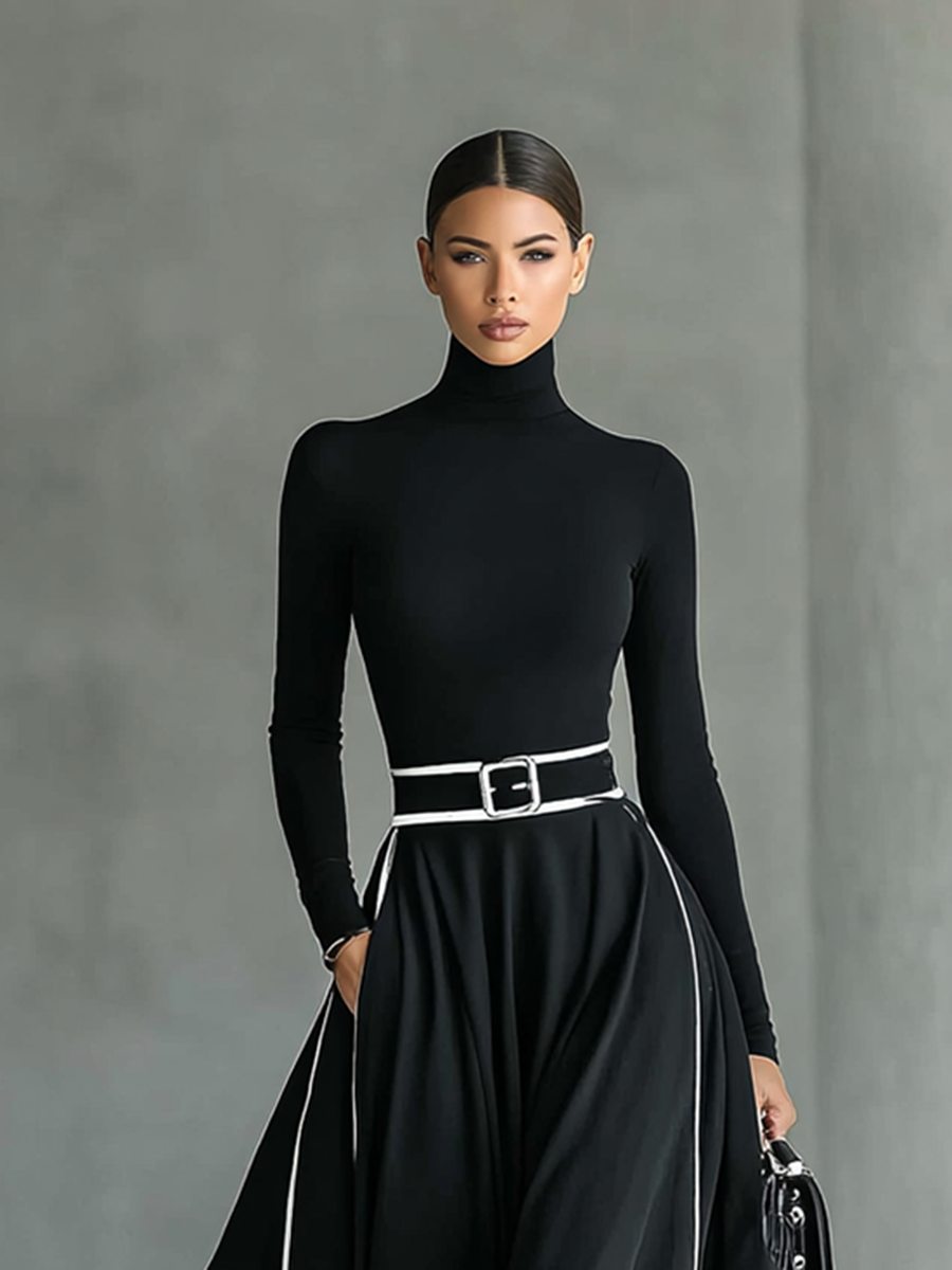 Vestido Gina – Maxi negro con costuras blancas
