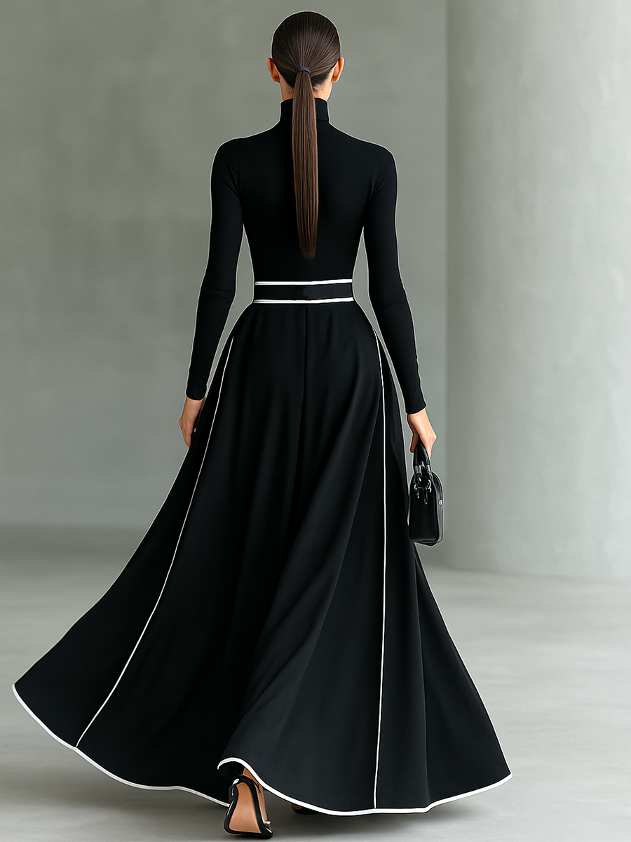 Vestido Gina – Maxi negro con costuras blancas