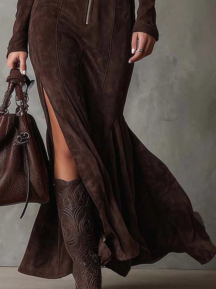 Vestido Claudia – Largo marrón con cinturón